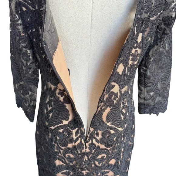 Tadashi Shoji Black Corded Embroidery Tulle 3/4 Sleeve Lace Dress Evening 12 - Picture 8 of 16